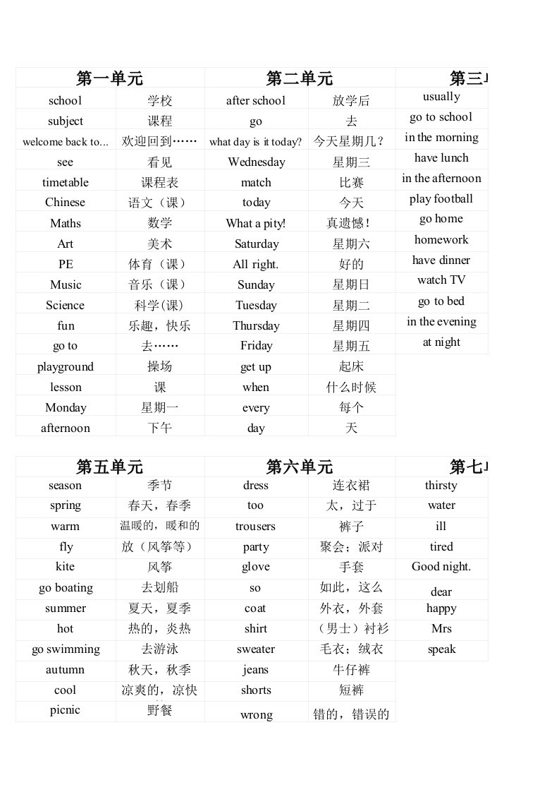 苏教版译林版四年级下册单词表