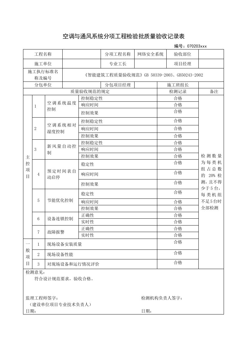 空调与通风系统分项工程检验批质量验收记录表