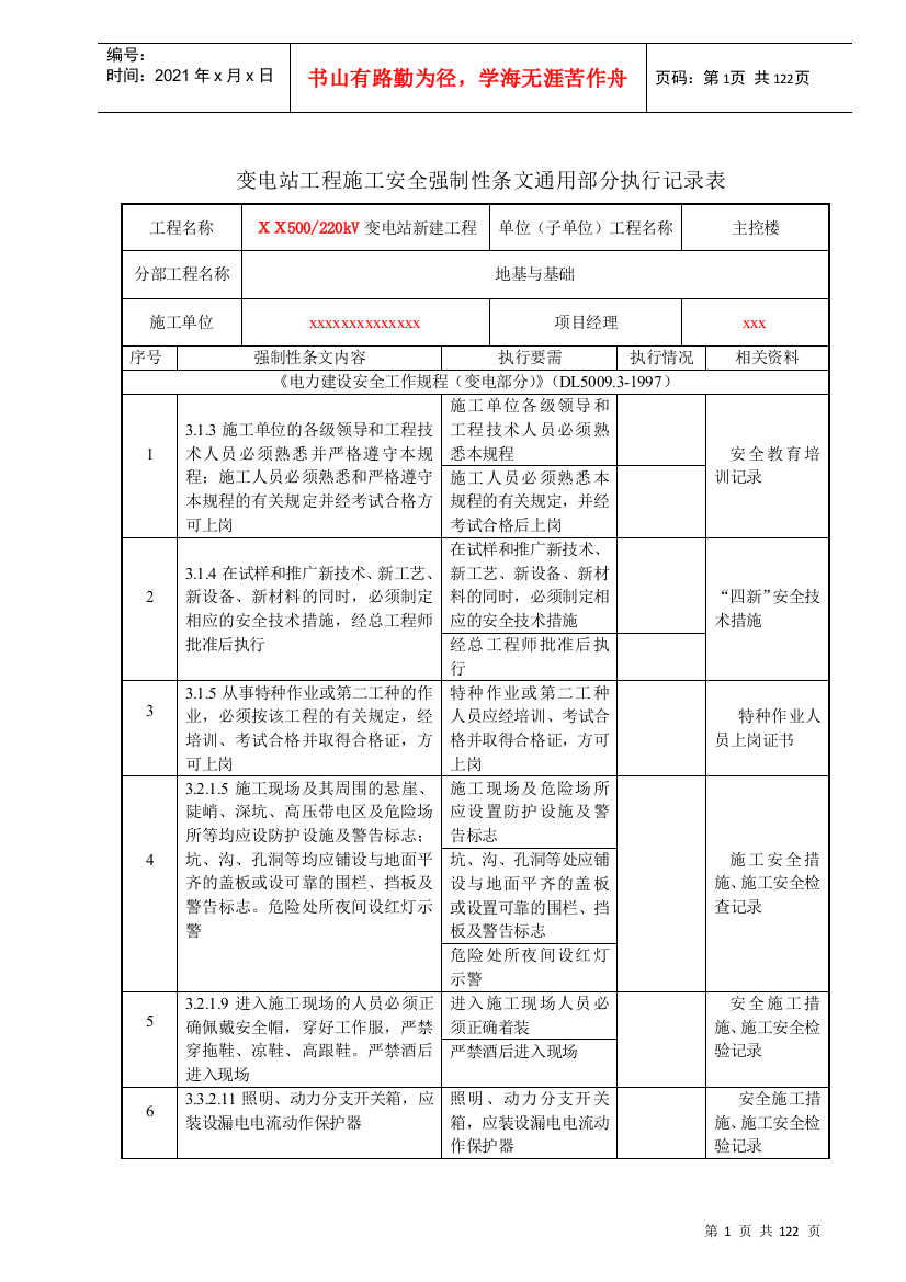 强条执行情况检查表(安全部分)