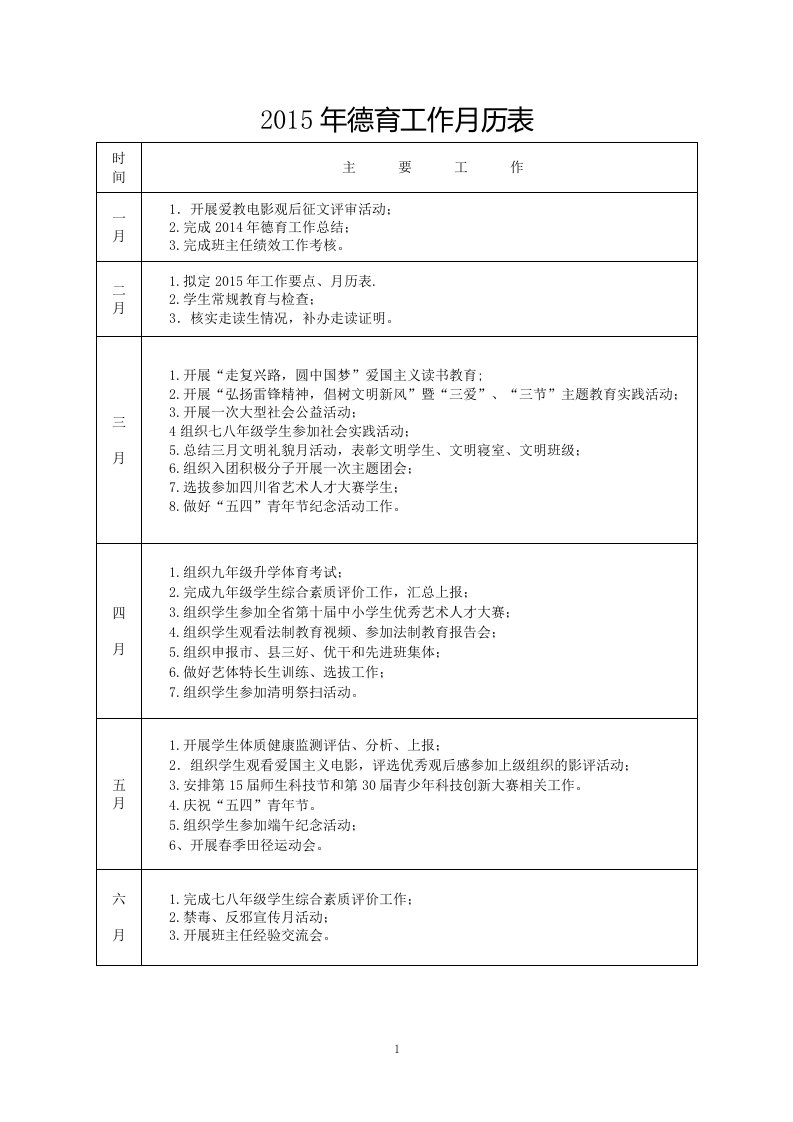 2015年德育工作月历表