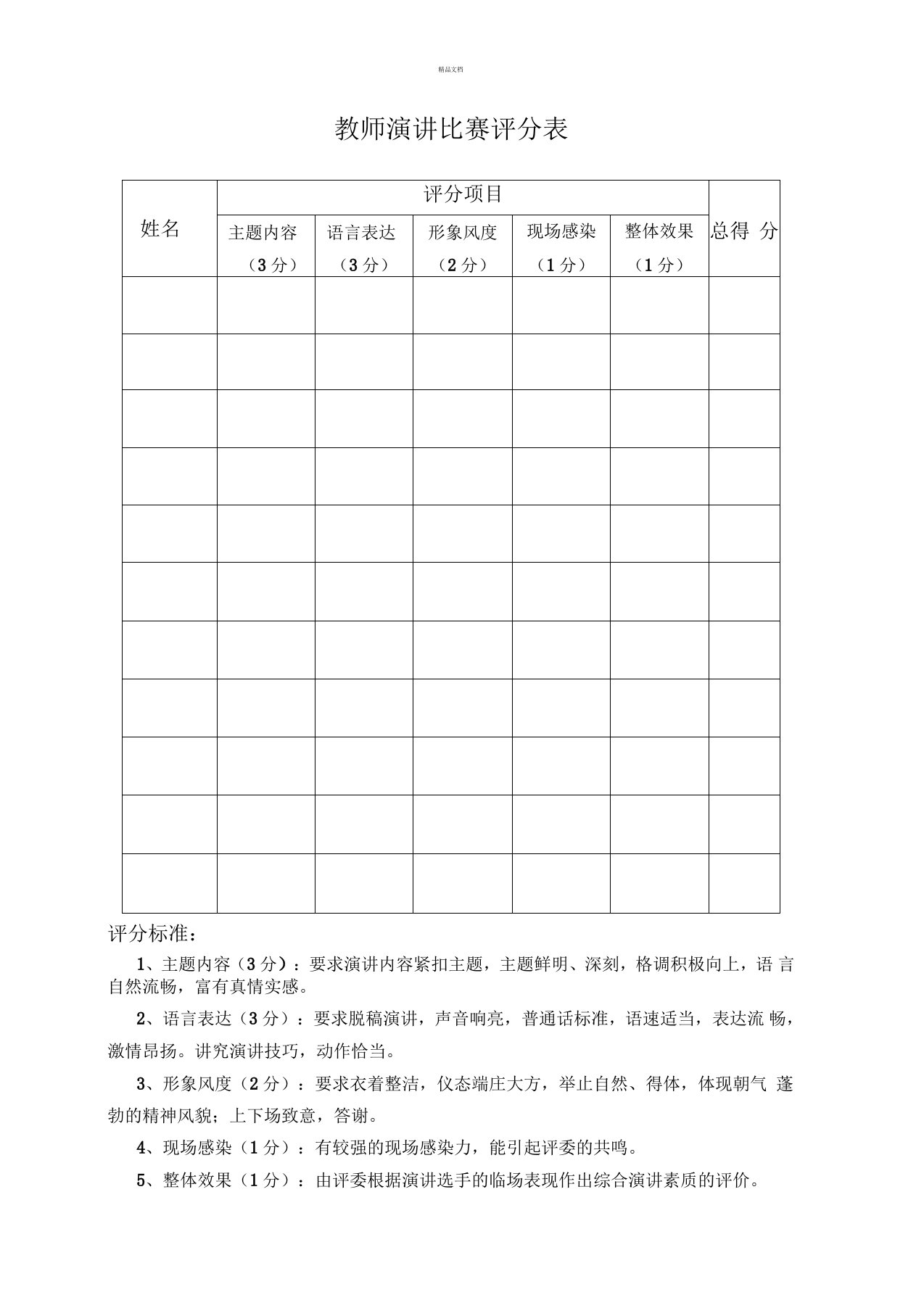 青年教师演讲比赛评分表