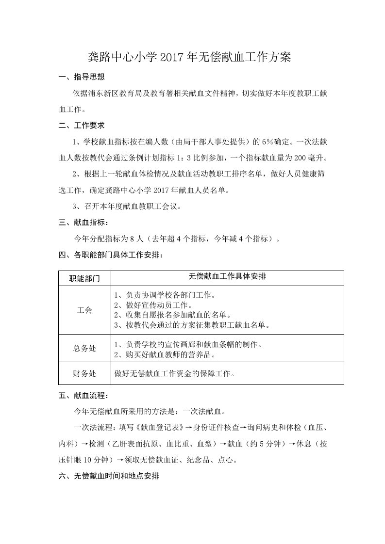 龚路中心小学2011年无偿献血工作方案-上海浦东龚路中心小学