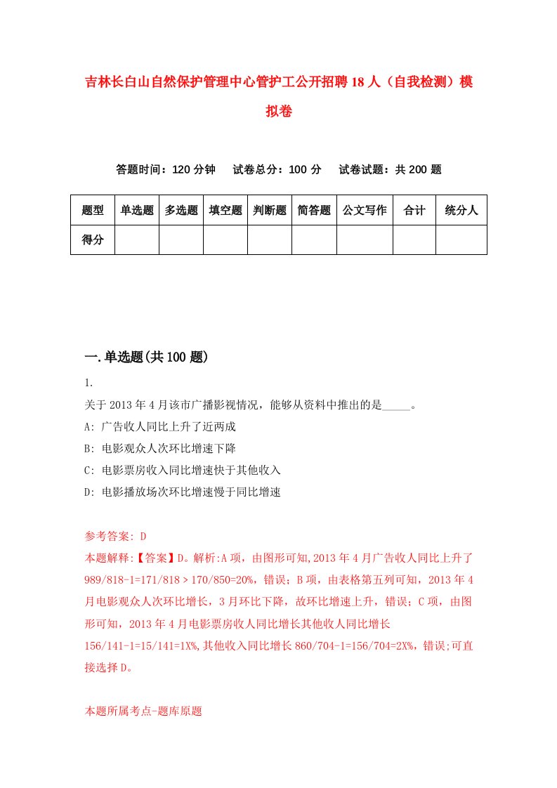 吉林长白山自然保护管理中心管护工公开招聘18人自我检测模拟卷0