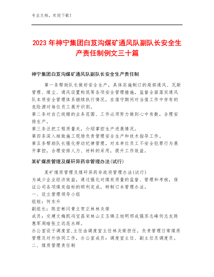 2023年神宁集团白芨沟煤矿通风队副队长安全生产责任制例文三十篇