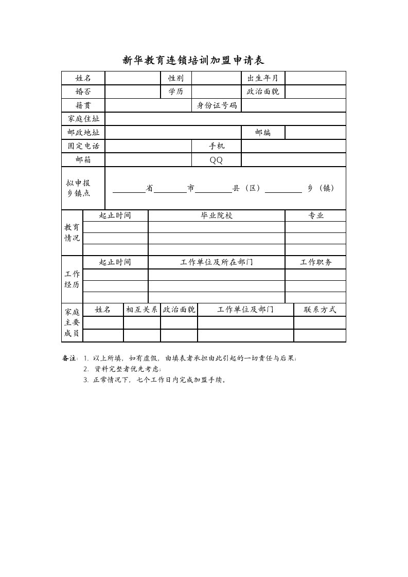 新华教育连锁培训加盟申请表