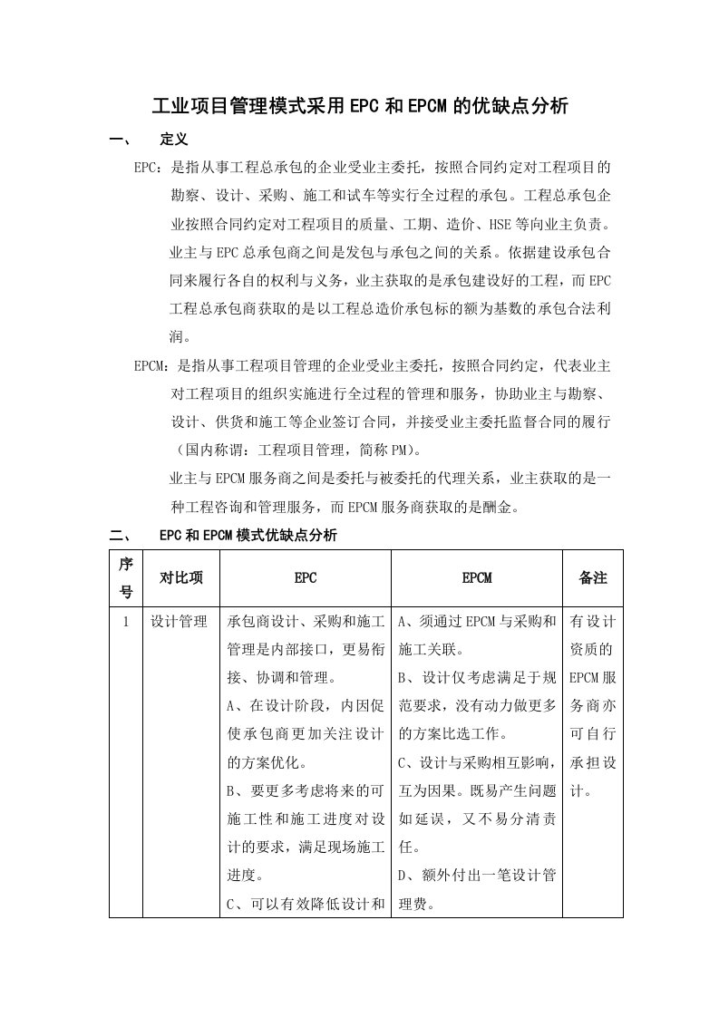 工程项目管理模式采用EPC和EPCM的优缺点分析