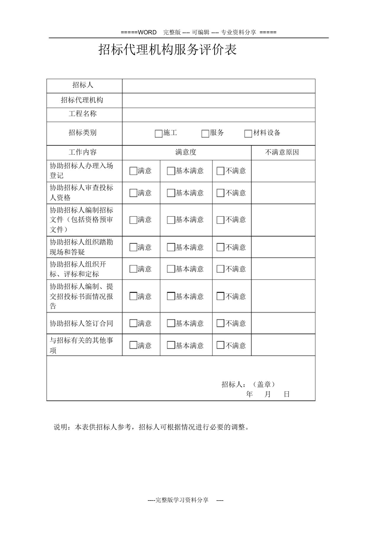 招标代理机构服务评价表