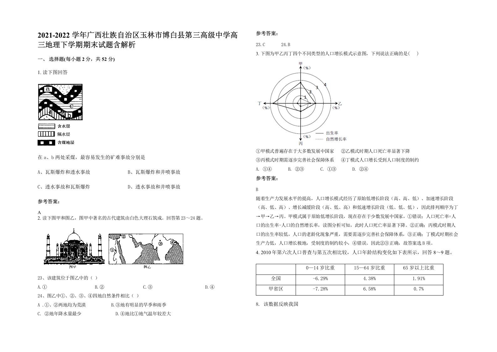 2021-2022学年广西壮族自治区玉林市博白县第三高级中学高三地理下学期期末试题含解析