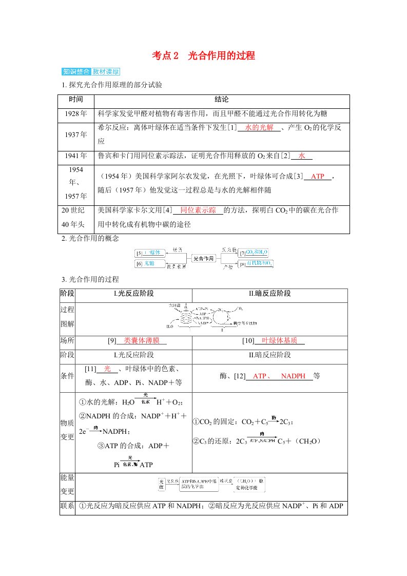 备考2025届高考生物一轮复习讲义第三章细胞代谢课时4光合作用与能量转化考点2　光合作用的过程