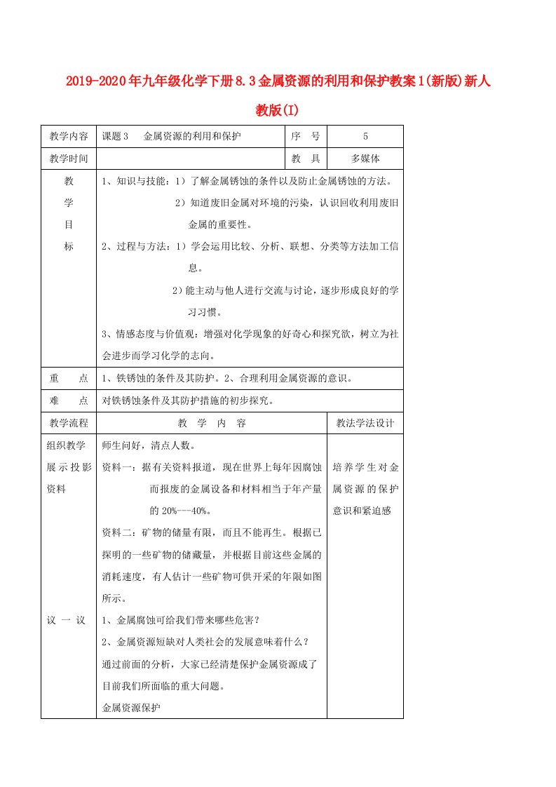 2019-2020年九年级化学下册8.3金属资源的利用和保护教案1(新版)新人教版(I)