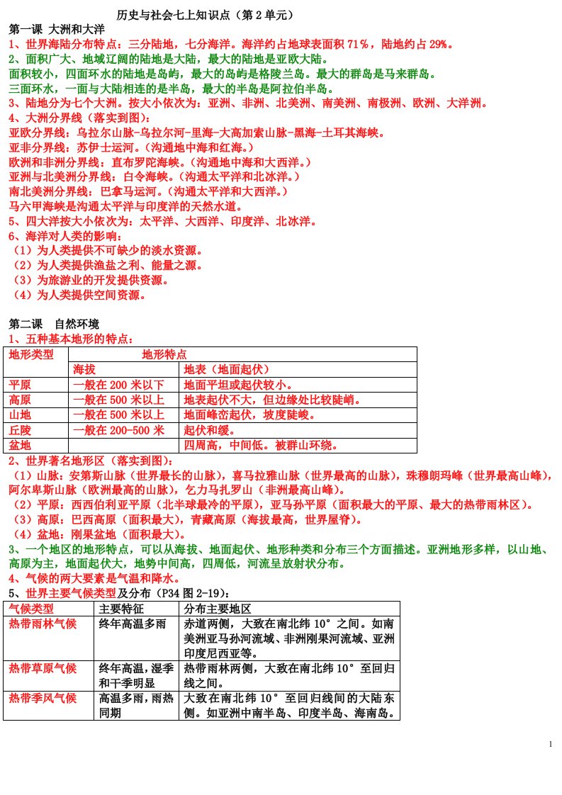 历史与社会七上第二单元知识点供参习