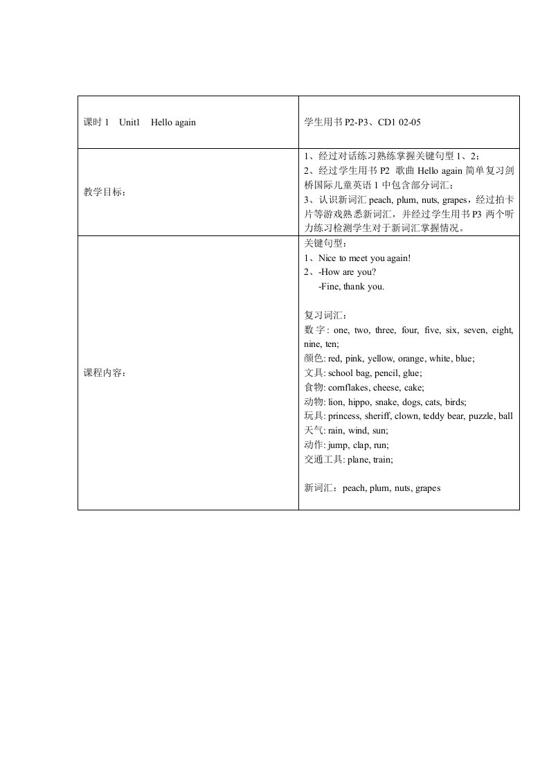 剑桥国际儿童英语2教案样稿