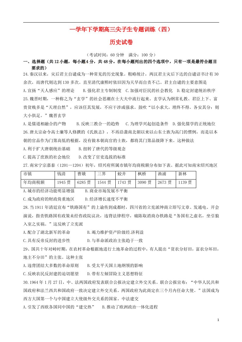 河南省三门峡市陕州中学高三历史下学期尖子生专题训练试题（四）