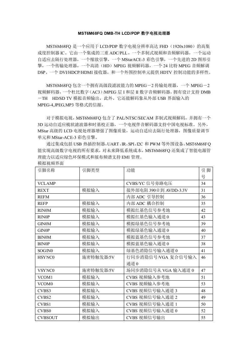 ic资料第二十节mst6m68fqdmblcd数字电视处理器