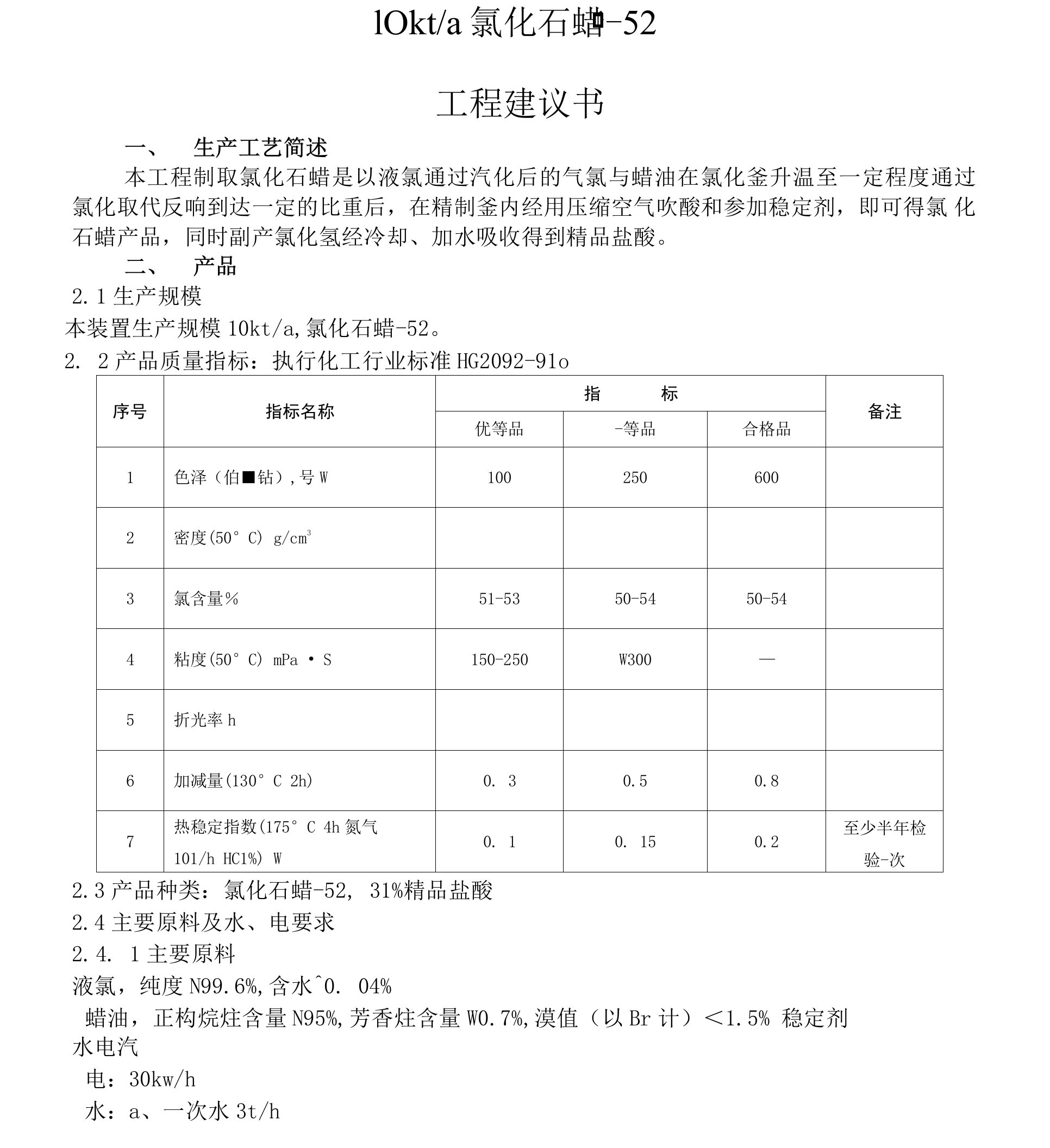 万吨氯化石蜡生产装置项目书