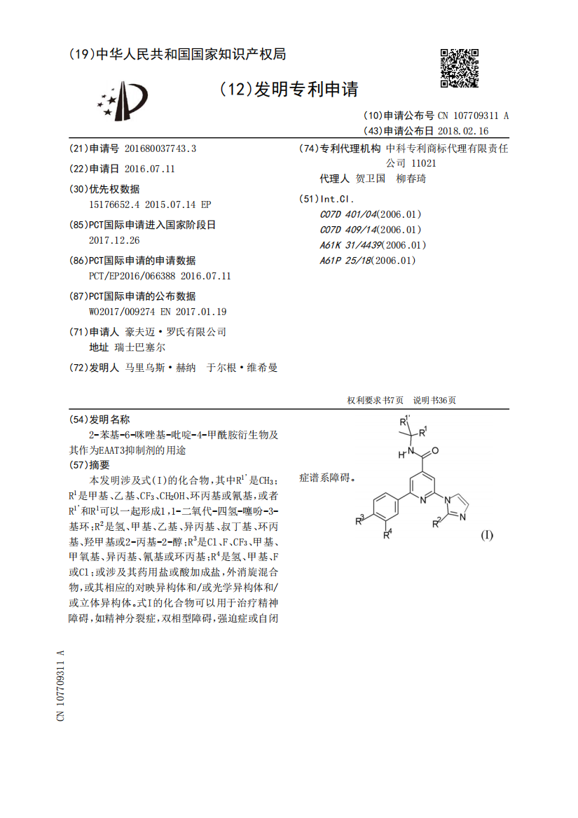 2‑苯基‑6‑咪唑基‑吡啶‑4‑甲酰胺衍生物及其作为EAAT3抑制剂的用途