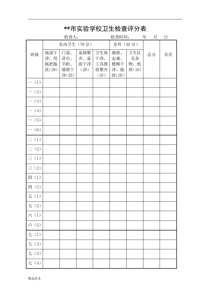 学校卫生检查评分表