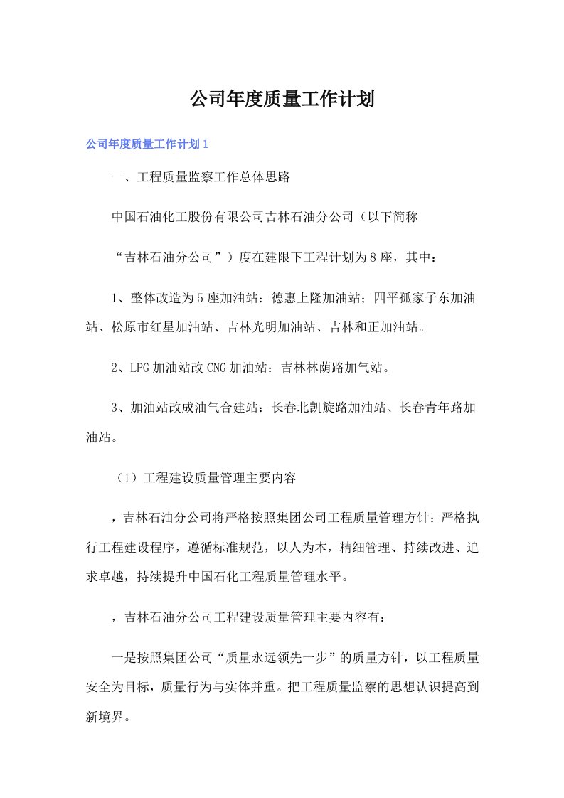 公司年度质量工作计划