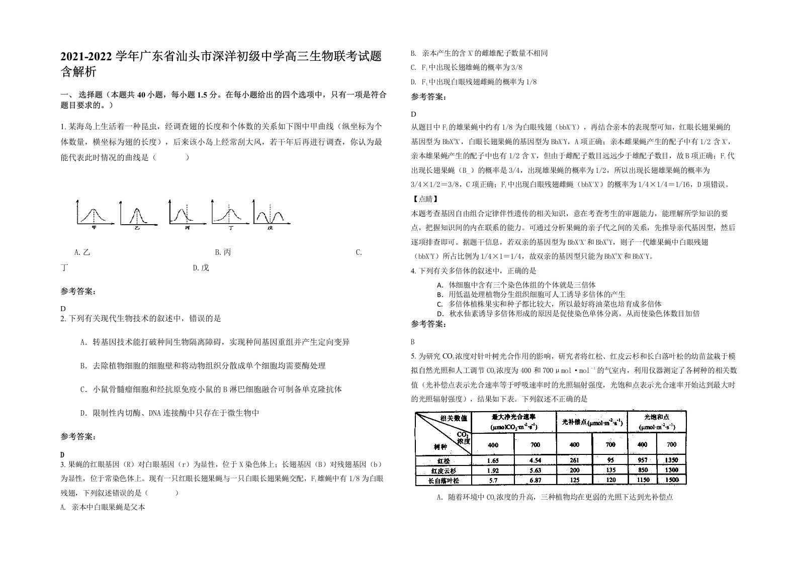 2021-2022学年广东省汕头市深洋初级中学高三生物联考试题含解析