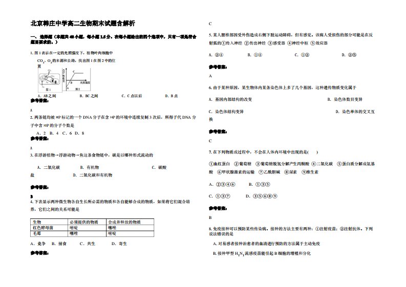 北京韩庄中学高二生物期末试题含解析