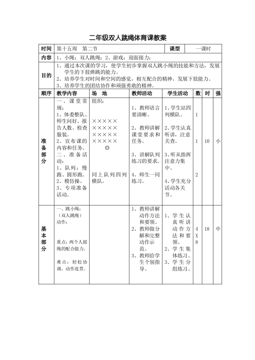 二年级双人跳绳体育课教案