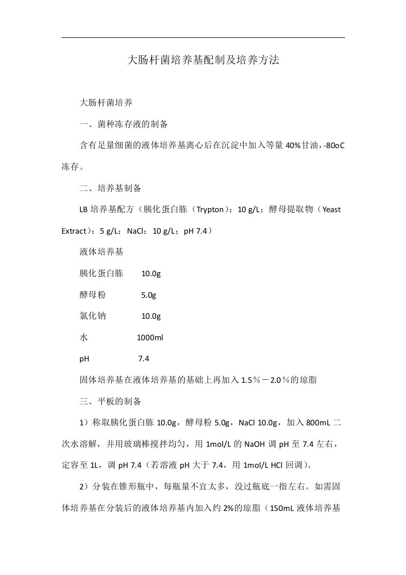 大肠杆菌培养基配制及培养方法