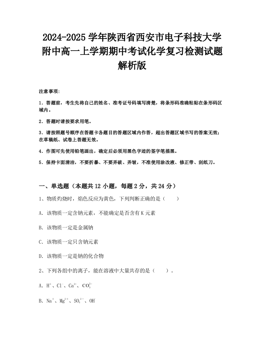 2024-2025学年陕西省西安市电子科技大学附中高一上学期期中考试化学复习检测试题解析版