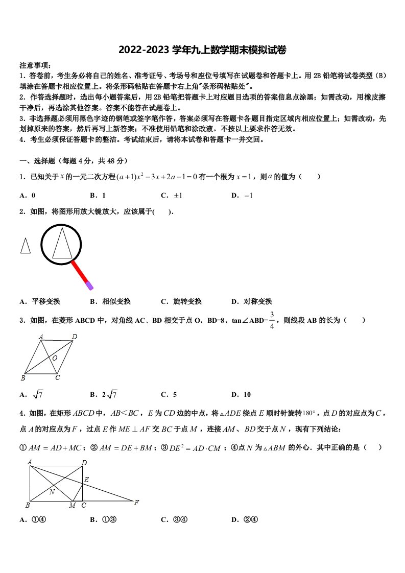 2023届山东省临朐县数学九年级第一学期期末达标检测试题含解析