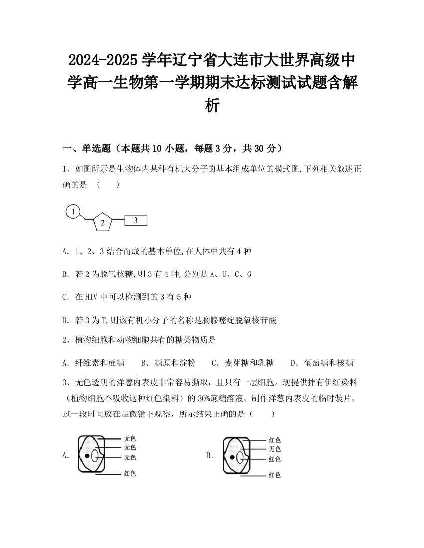 2024-2025学年辽宁省大连市大世界高级中学高一生物第一学期期末达标测试试题含解析