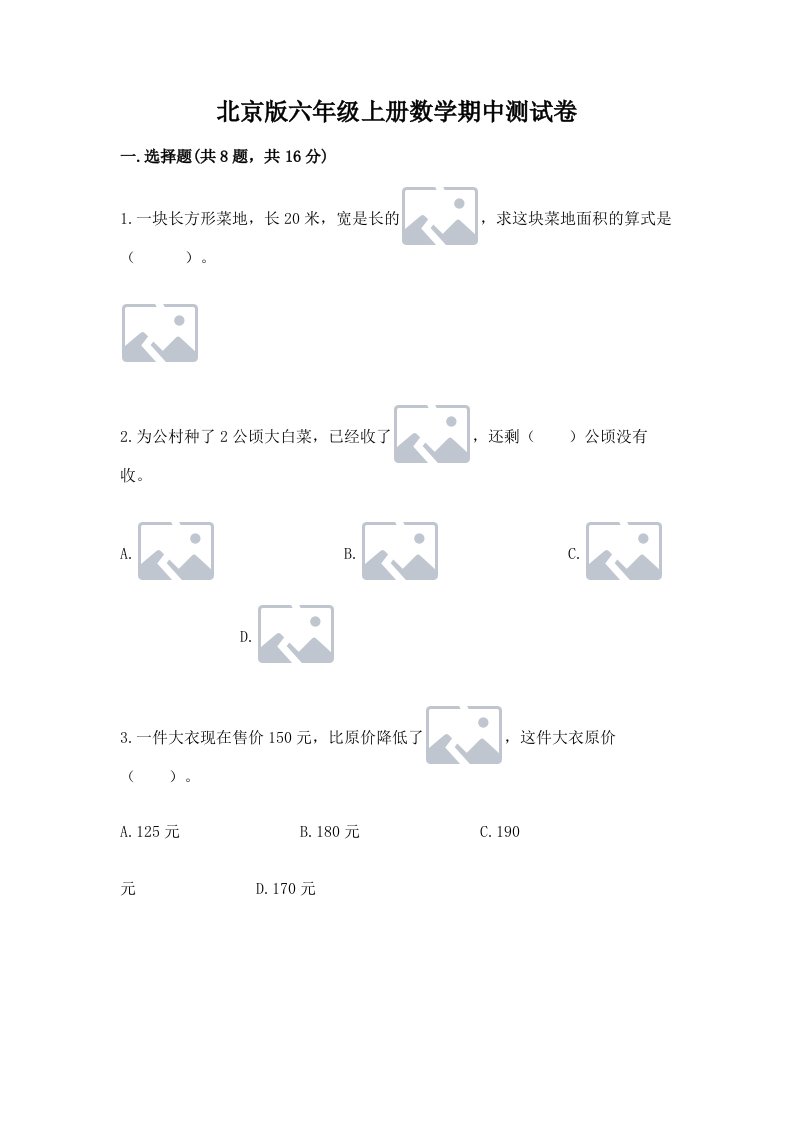 北京版六年级上册数学期中测试卷及完整答案（历年真题）