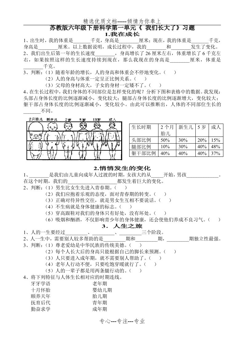 苏教版小学六年级下册科学单元习题与答案-全册(共27页)