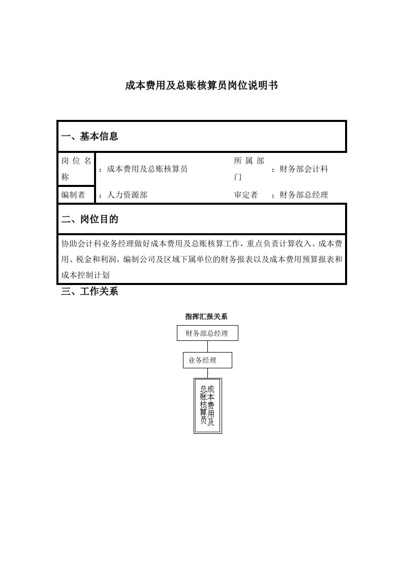 成本费用及总账核算员岗位说明书