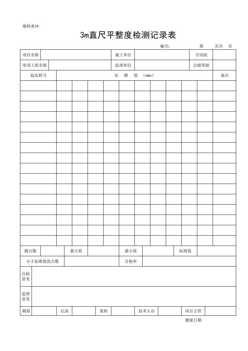 3m直尺平整度检测记录表