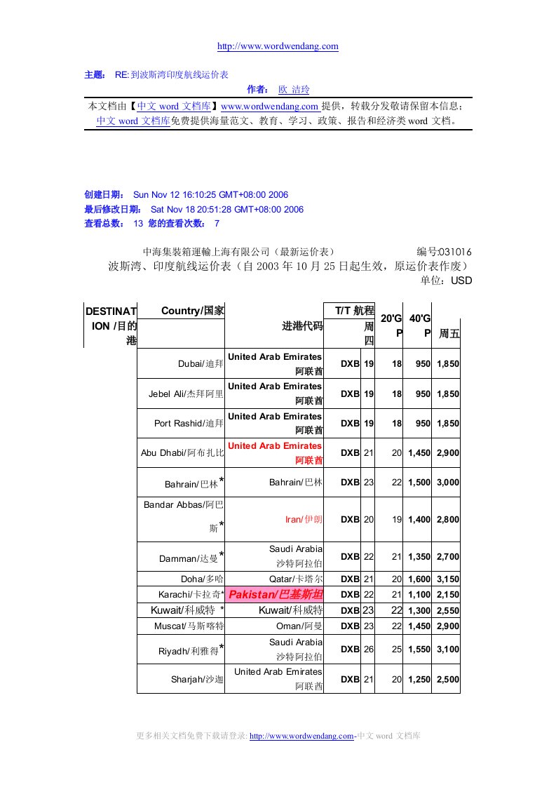 主题RE到波斯湾印度航线运价表