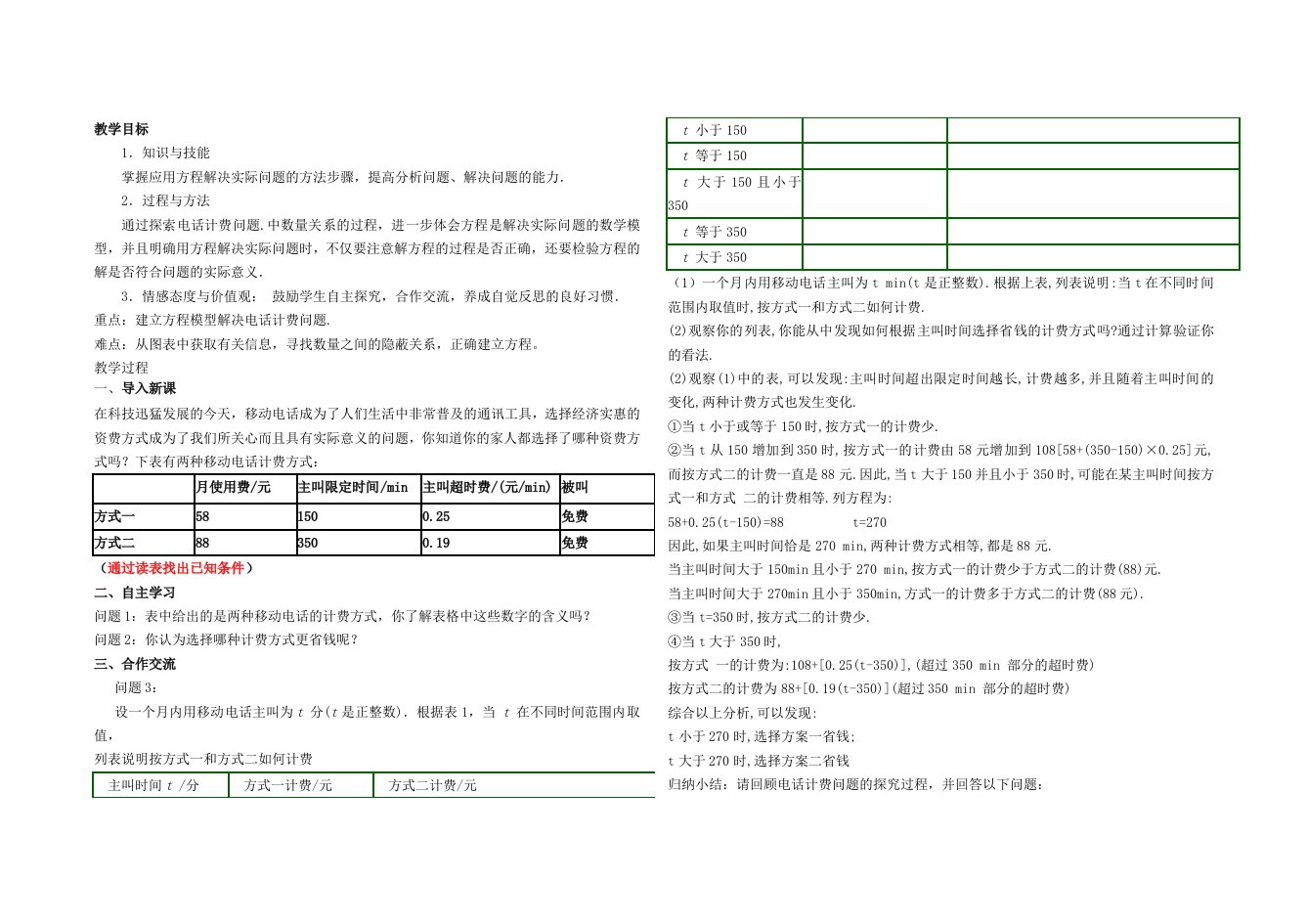 人教版一元一次方程3.4.5实际问题与电话计费问题