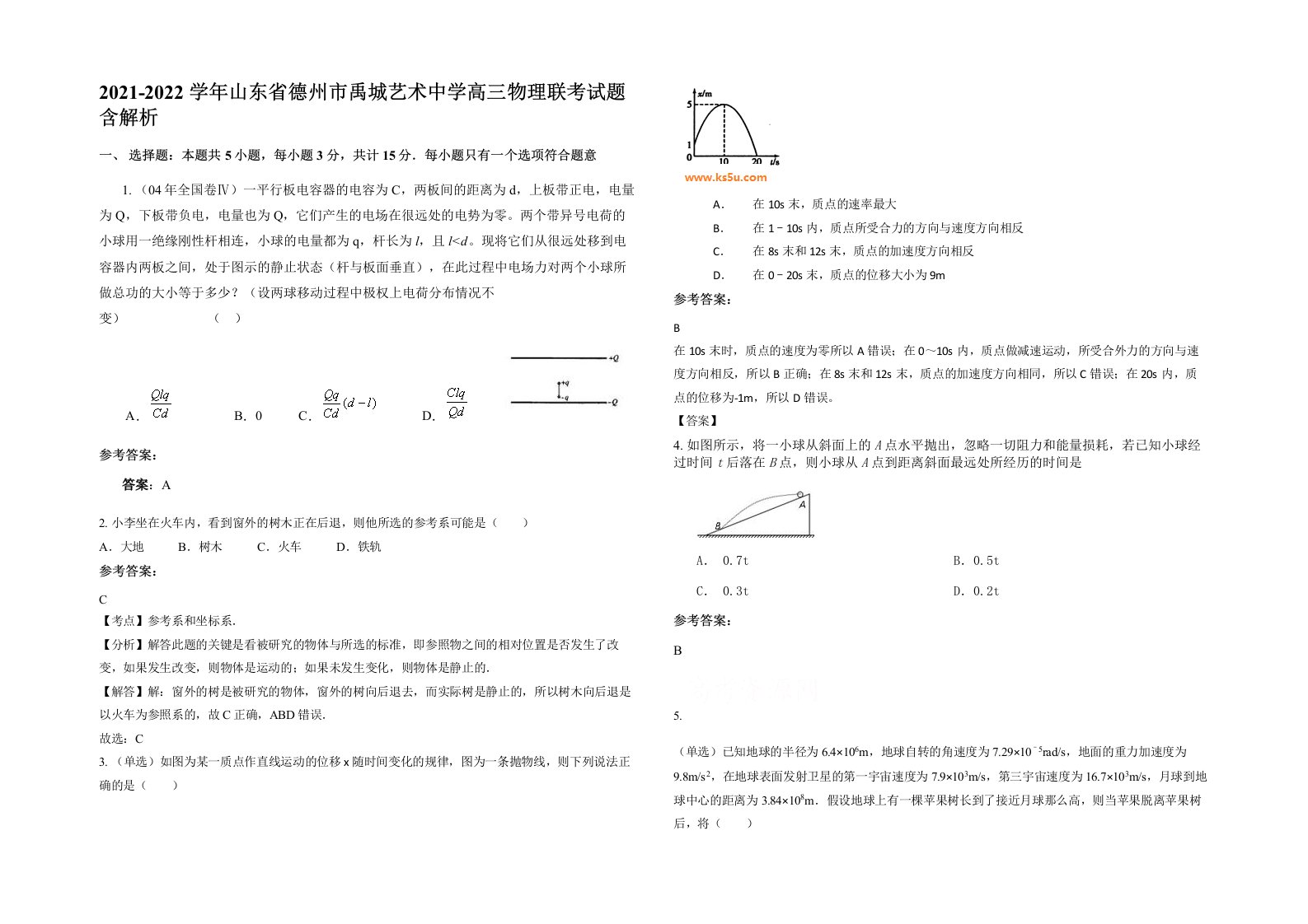 2021-2022学年山东省德州市禹城艺术中学高三物理联考试题含解析