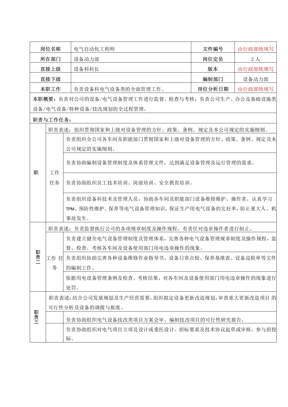 电气自动化工程师岗位说明书