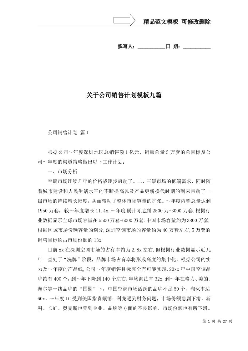 关于公司销售计划模板九篇