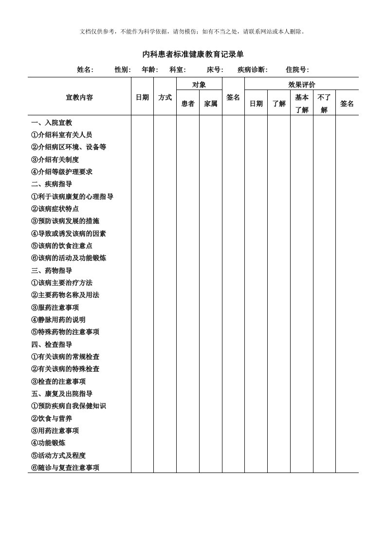 2020年内科患者标准健康教育记录单