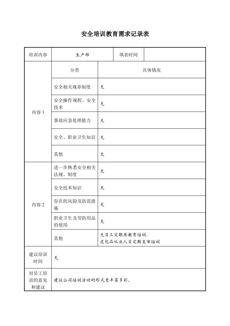 安全培训需求调查表