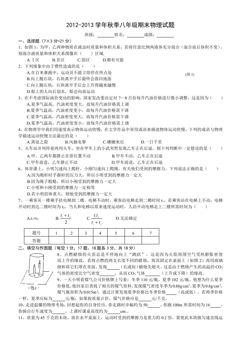 2012-2013学年秋季八年级期末物理试题