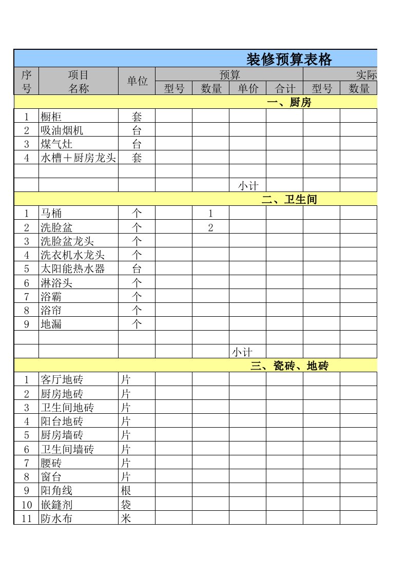 家庭装修材料及费用预算表格