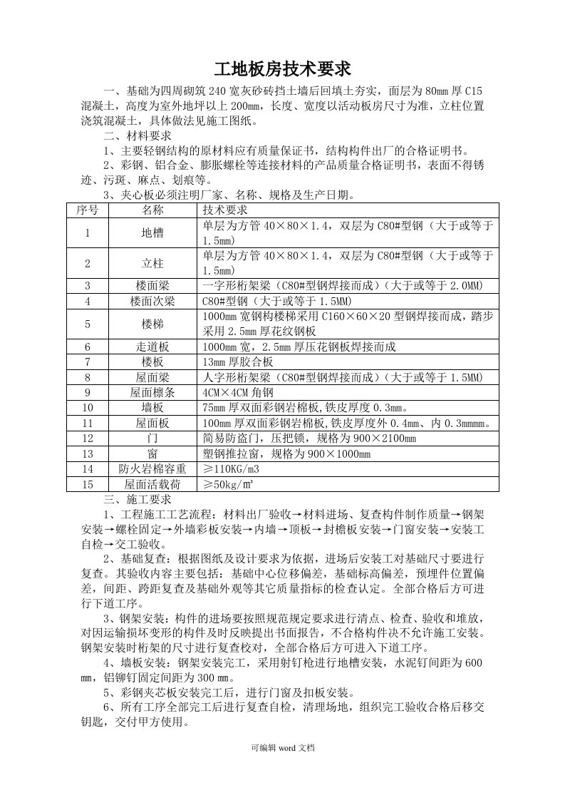 彩钢活动板房技术要求