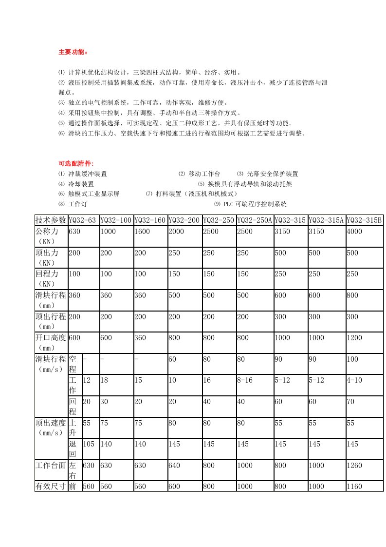 四柱液压机的技术参数