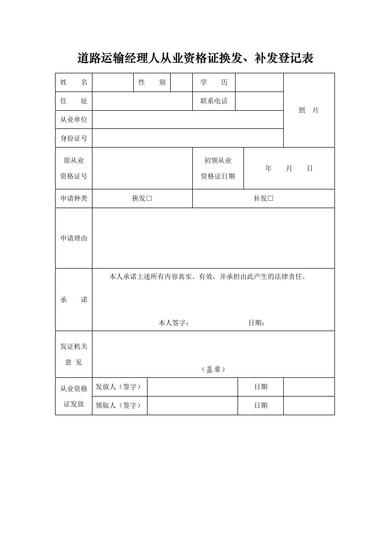 道路运输经理人从业资格证换发、补发登记表