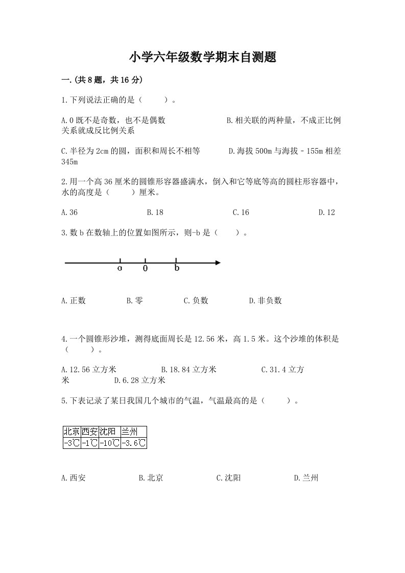 小学六年级数学期末自测题（b卷）