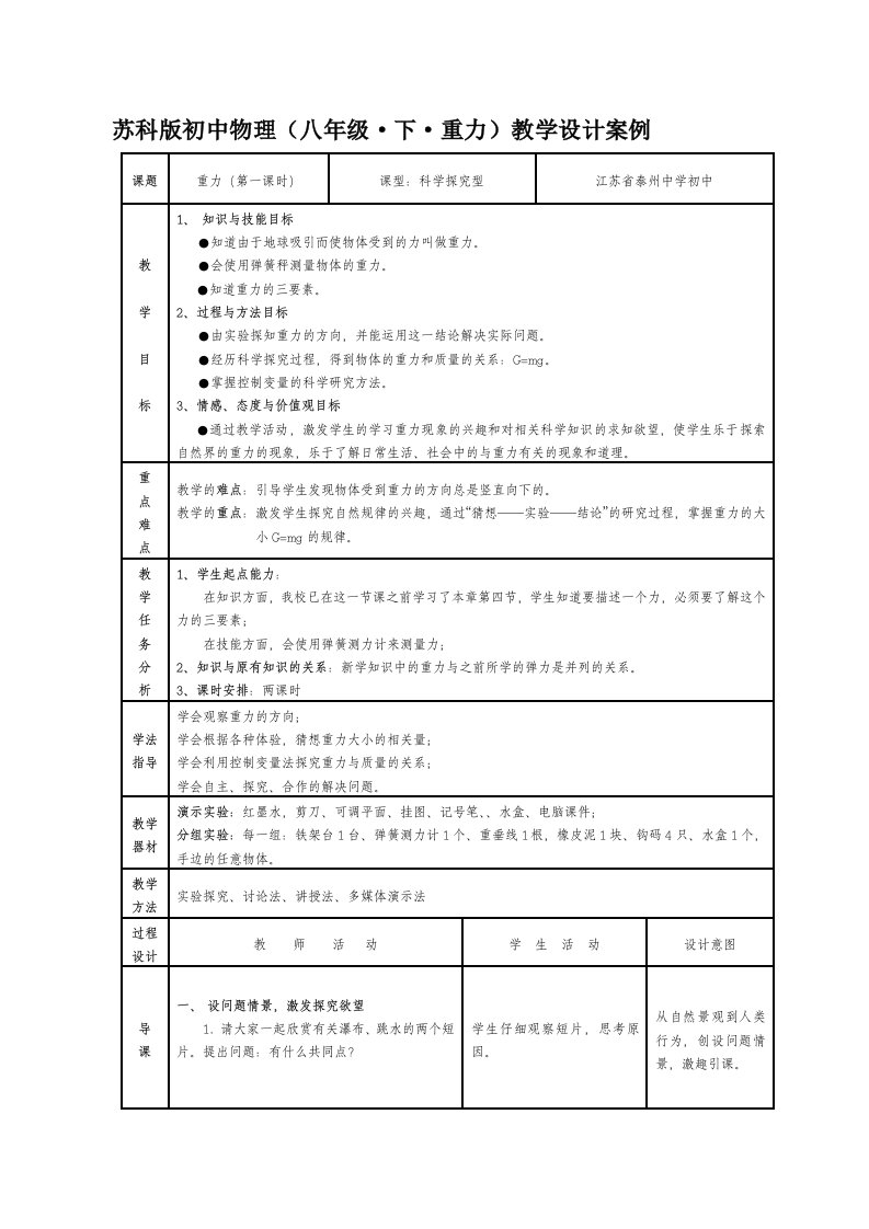 [专题]苏科版初中物理(八年级·下)教学设计案例