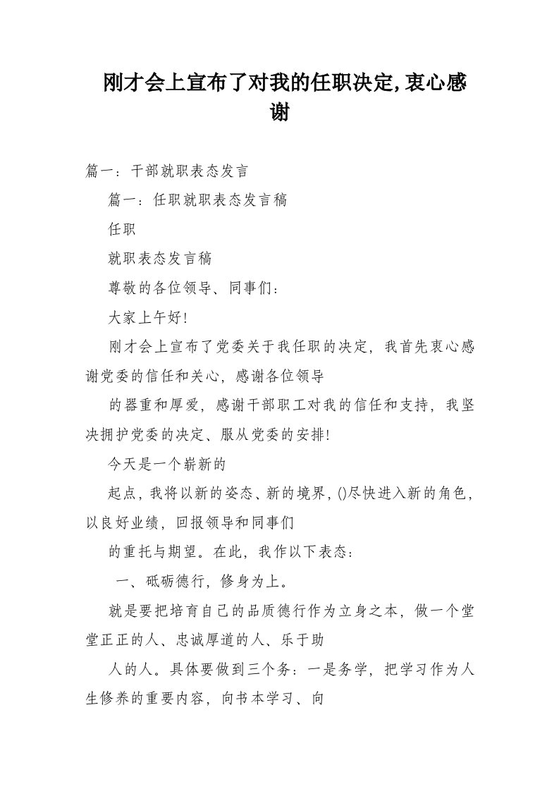 刚才会上宣布了对我的任职决定衷心感谢