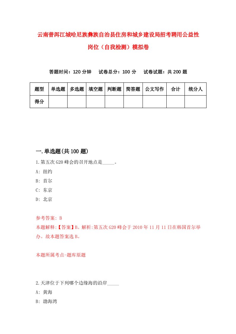 云南普洱江城哈尼族彝族自治县住房和城乡建设局招考聘用公益性岗位自我检测模拟卷0