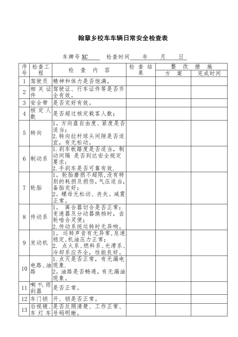 车辆日常安全检查表及出车单